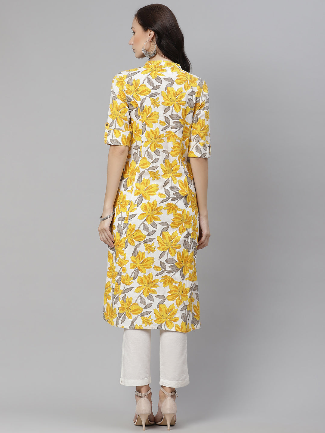 Women's Yellow Floral Print Pure Cotton A-Line Kurta - Wahenoor