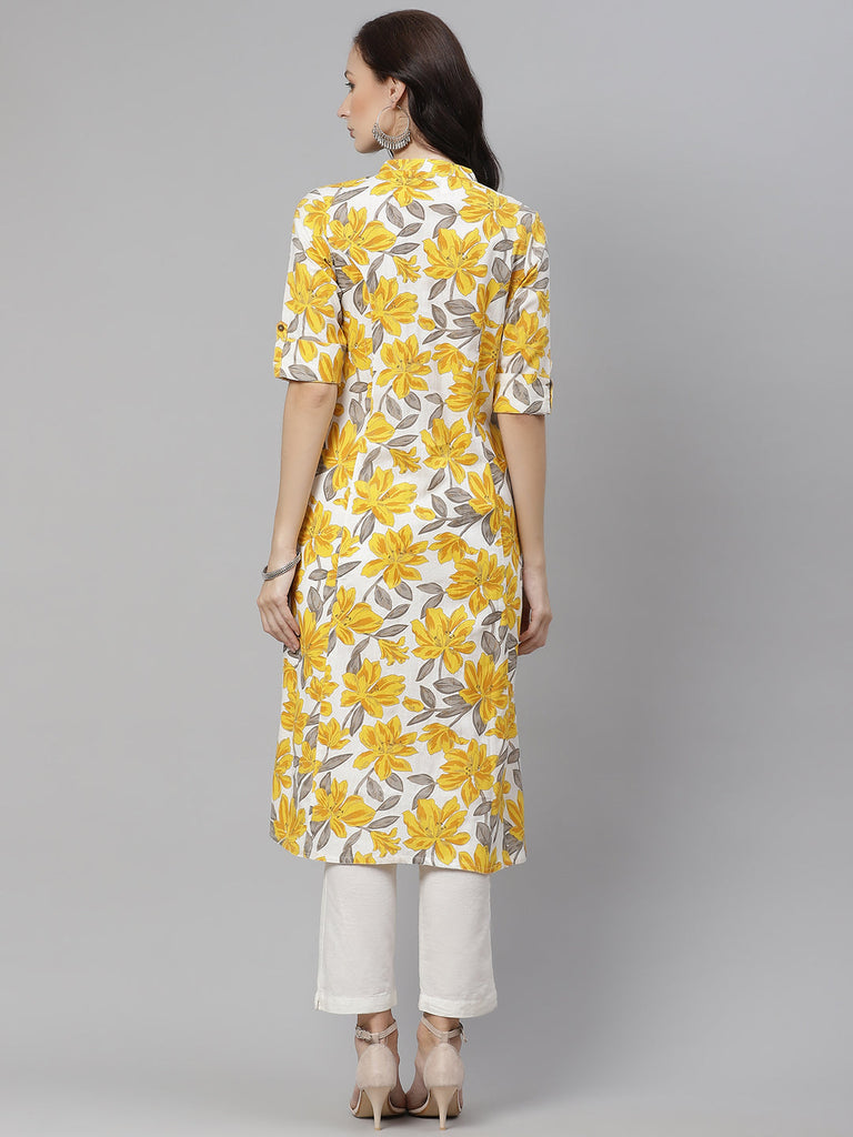 Women's Yellow Floral Print Cotton A-Line Kurta