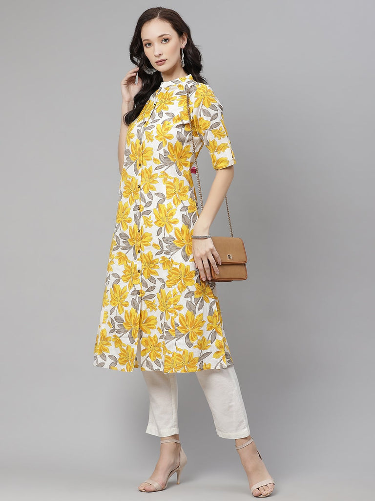 Women's Yellow Floral Print Cotton A-Line Kurta