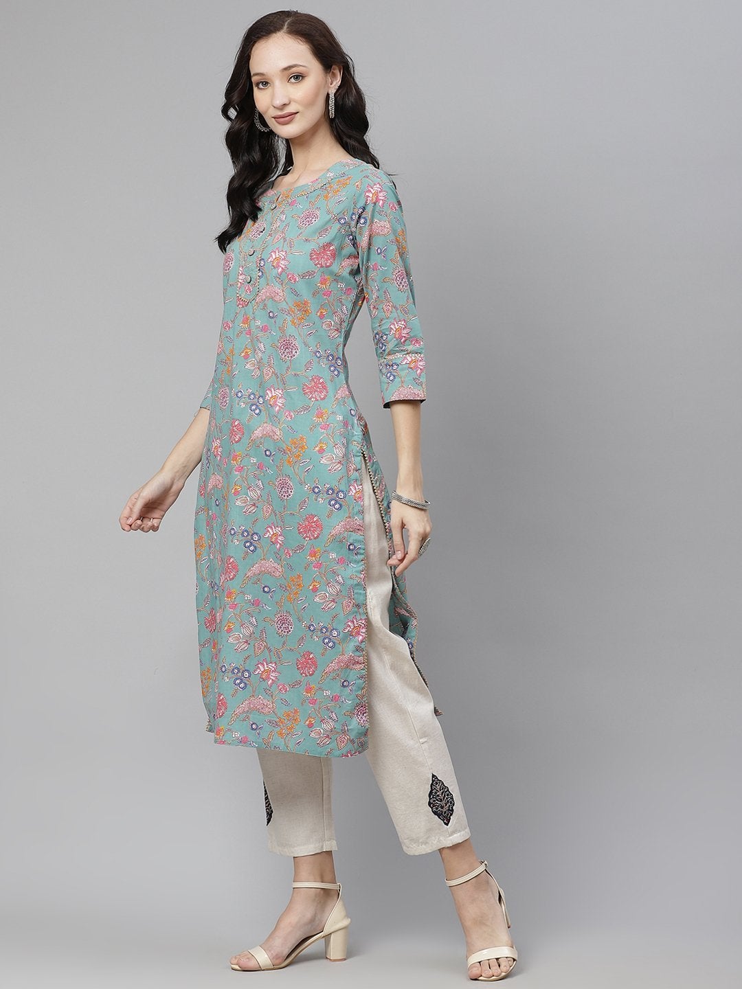 Women's Green Printed Straight Cotton Kurta
