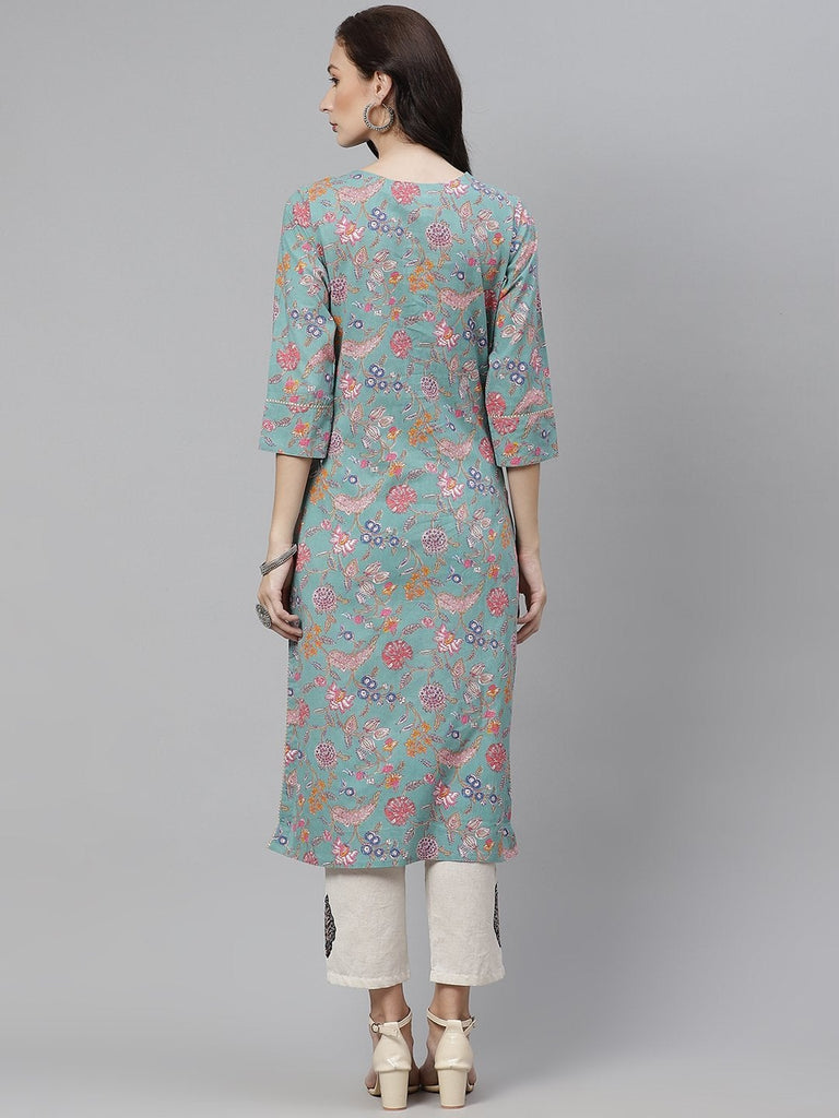 Women's Green Printed Straight Cotton Kurta