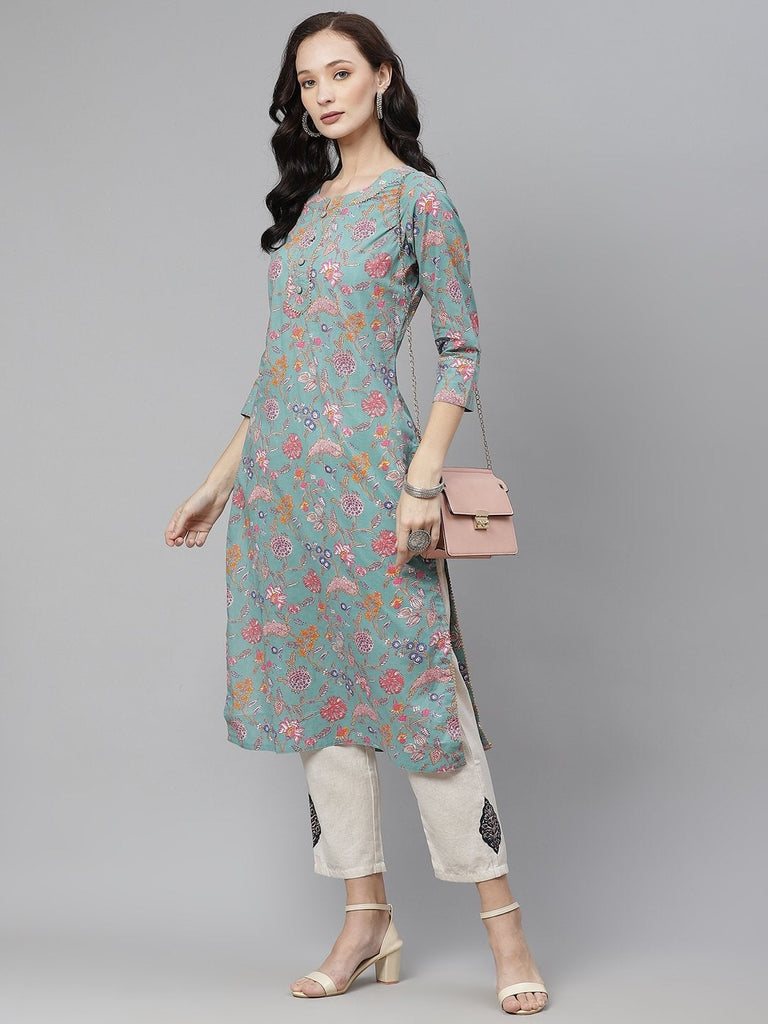 Women's Green Printed Straight Cotton Kurta