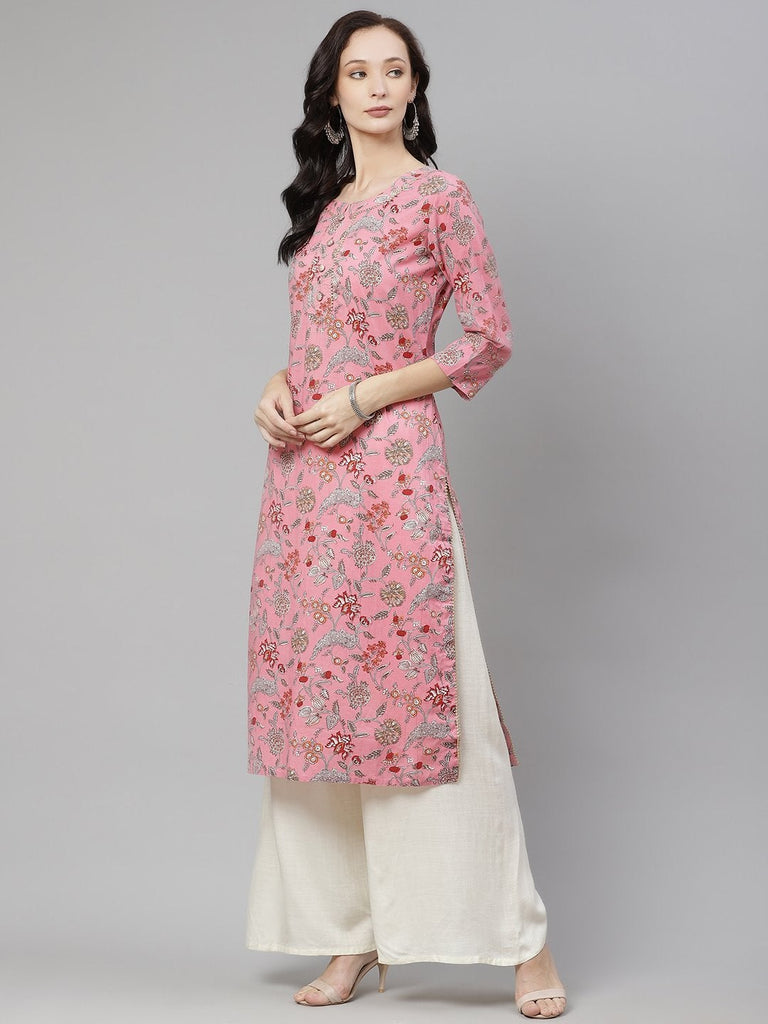 Women's Pink Printed Straight Cotton Kurta