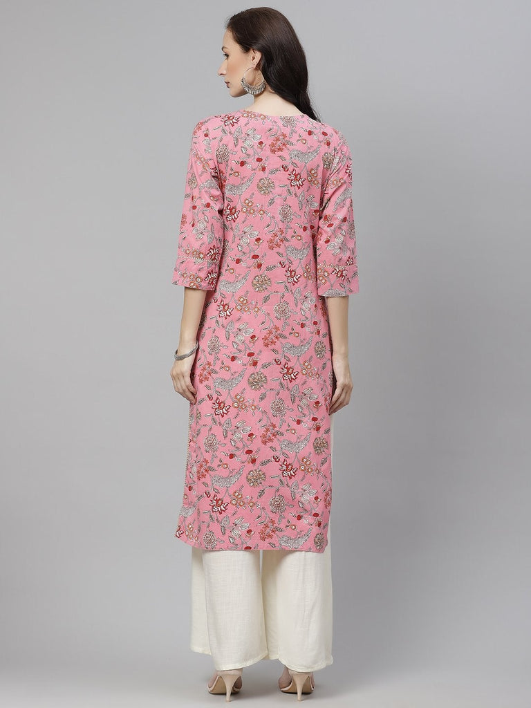 Women's Pink Printed Straight Cotton Kurta
