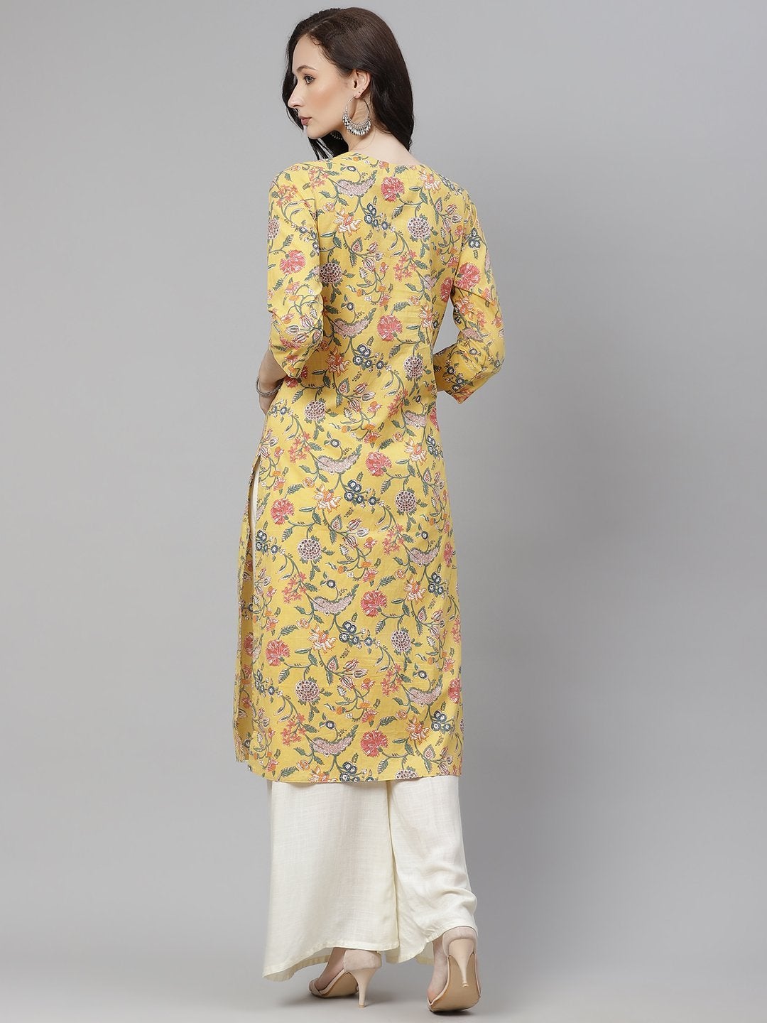 Women's Yellow Printed Straight Cotton Kurta  - Wahenoor