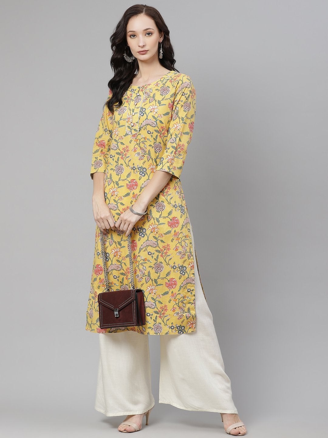 Women's Yellow Printed Straight Cotton Kurta  - Wahenoor