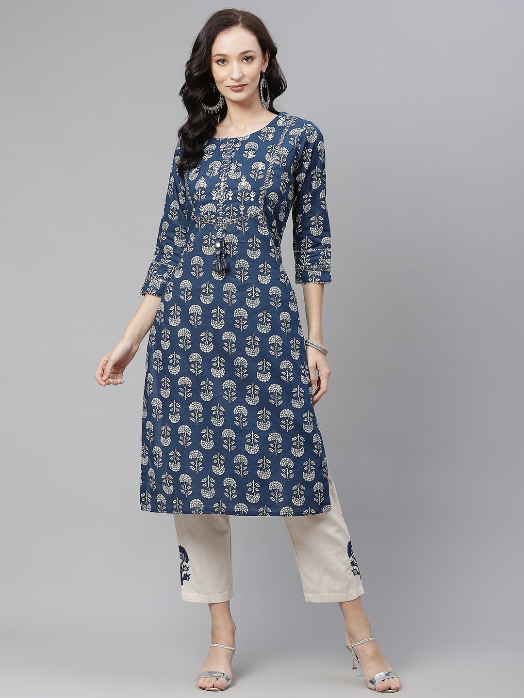 Women's Indigo Blue Buti Print Straight Kurta With Cotton Pants - Divena
