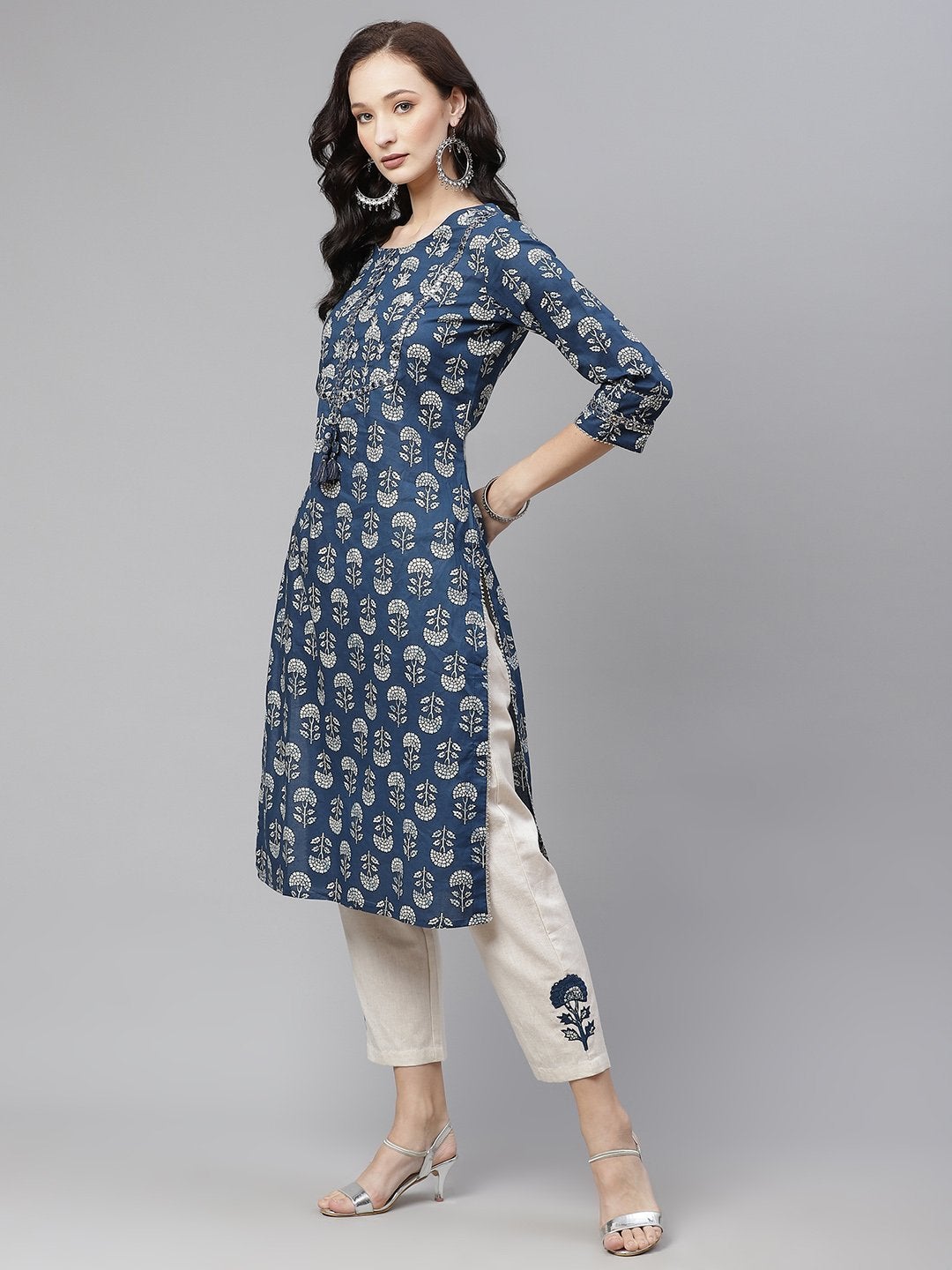 Women's Indigo Blue Buti Print Straight Kurta With Cotton Pants  - Wahenoor