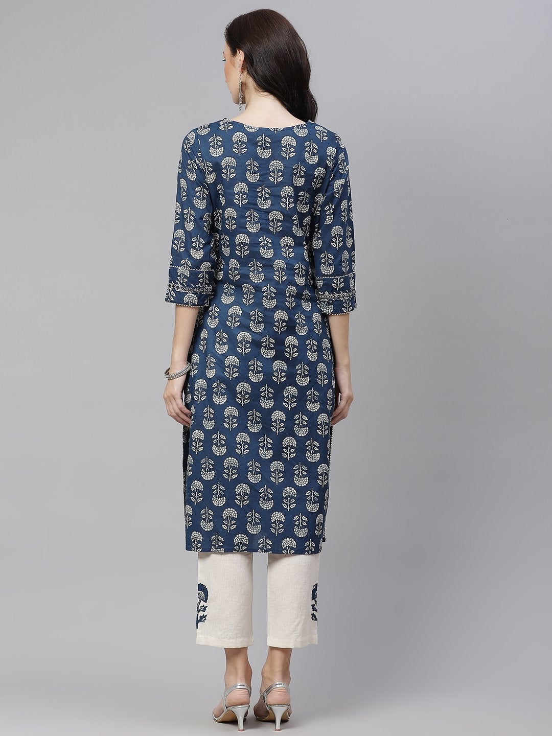 Women's Indigo Blue Buti Print Straight Kurta With Cotton Pants  - Wahenoor