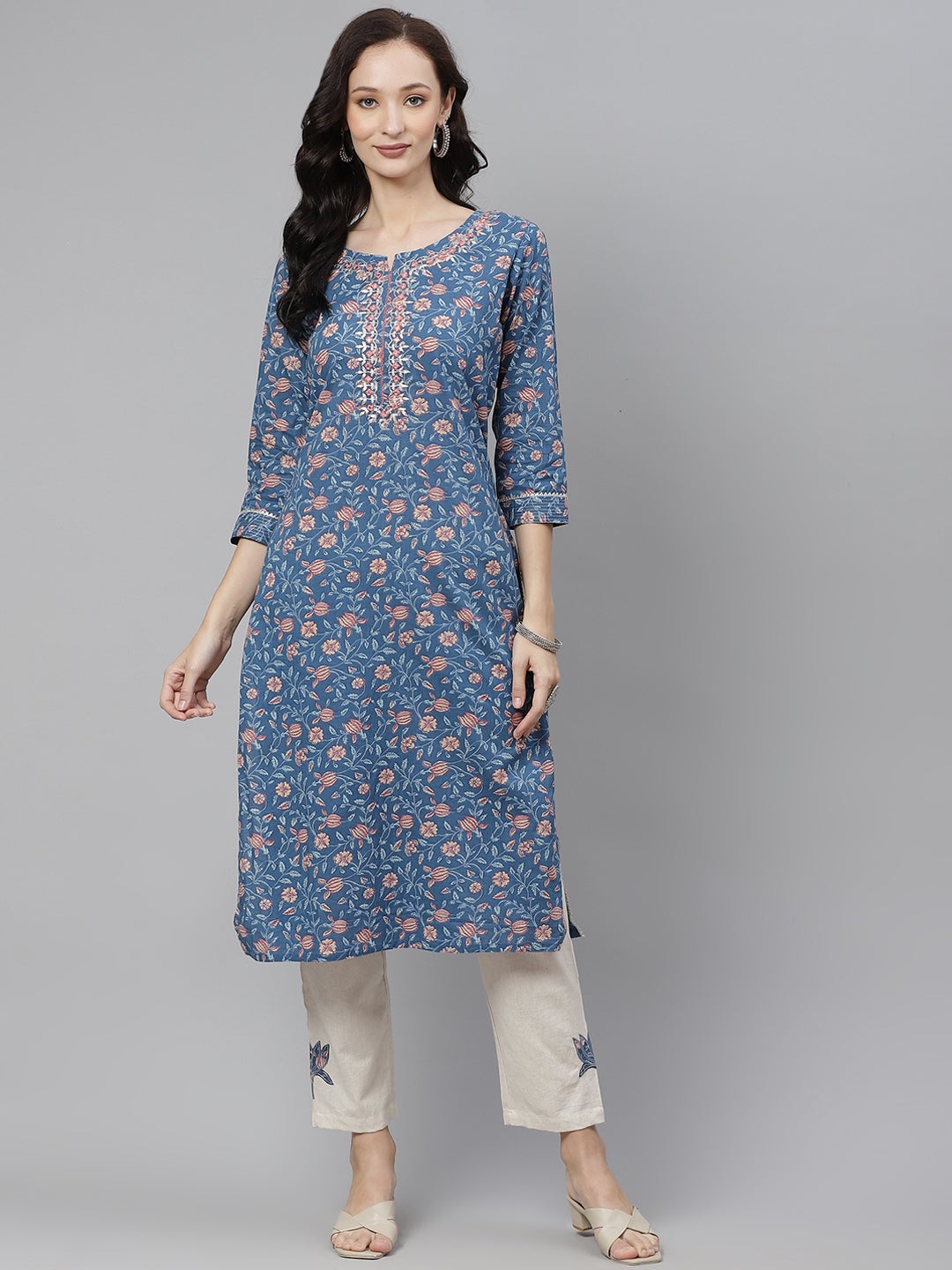 Women's Blue Printed Straight Kurta With Cotton Pants - Wahenoor