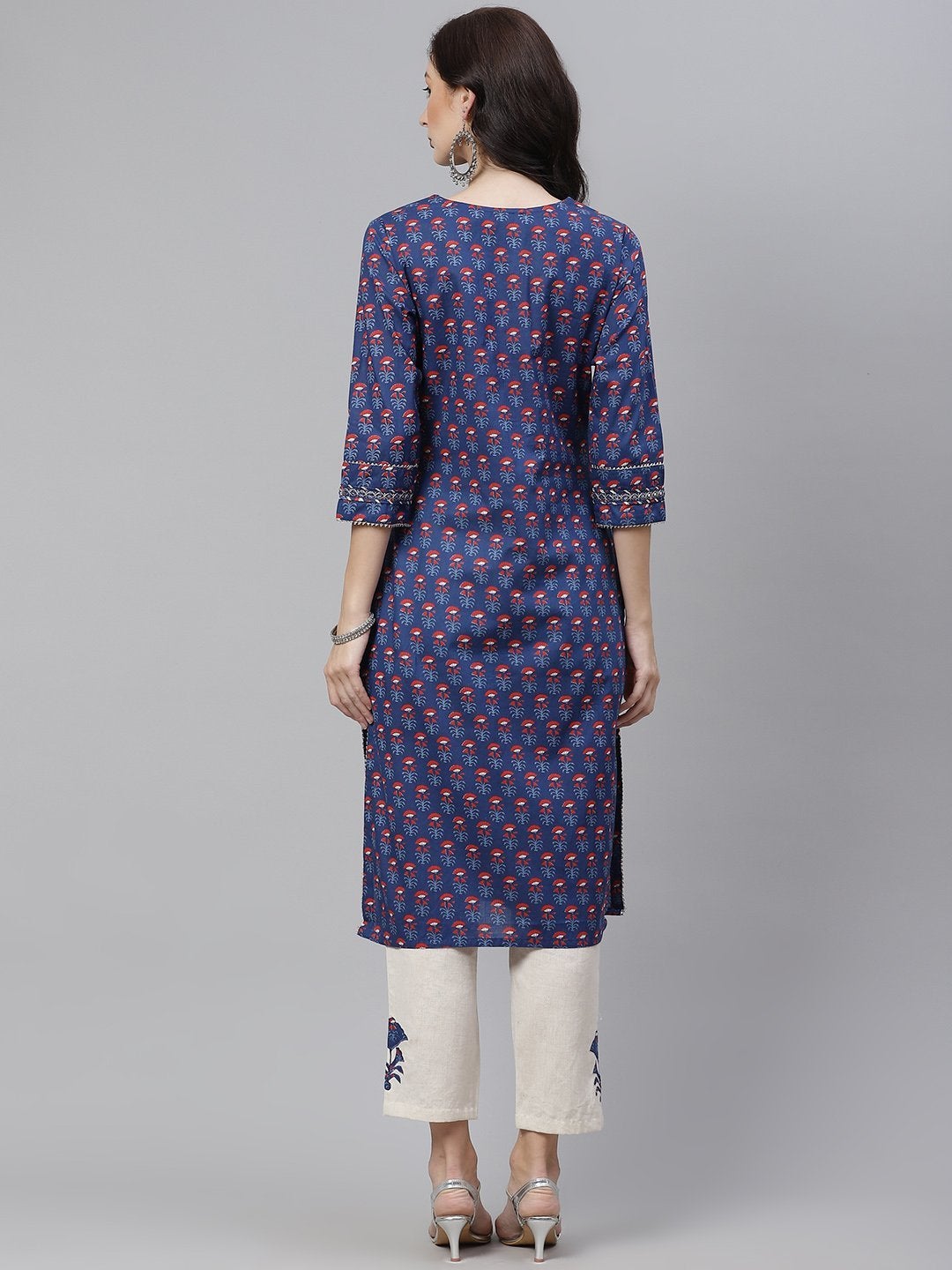 Women's Blue Printed Straight Kurta with Cotton Pants - Divena