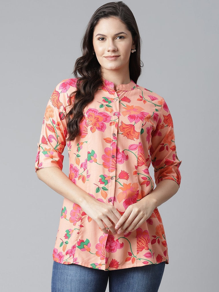 Women's Rayon Peach Floral Print Top