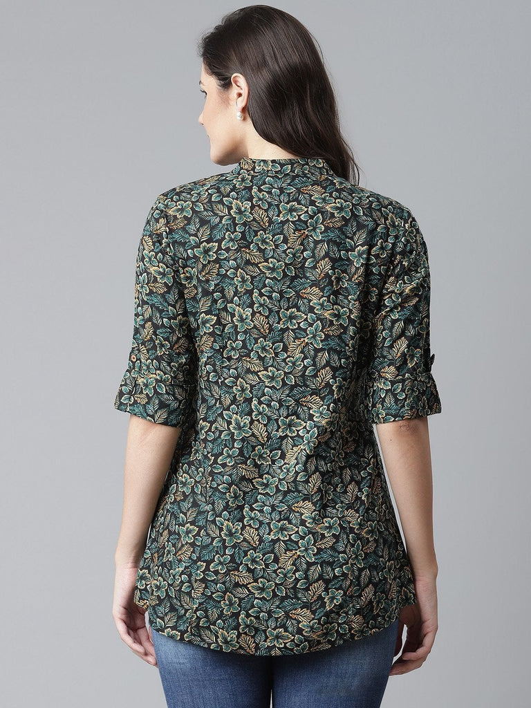 Women's Navy Blue Green Rayon Printed Top