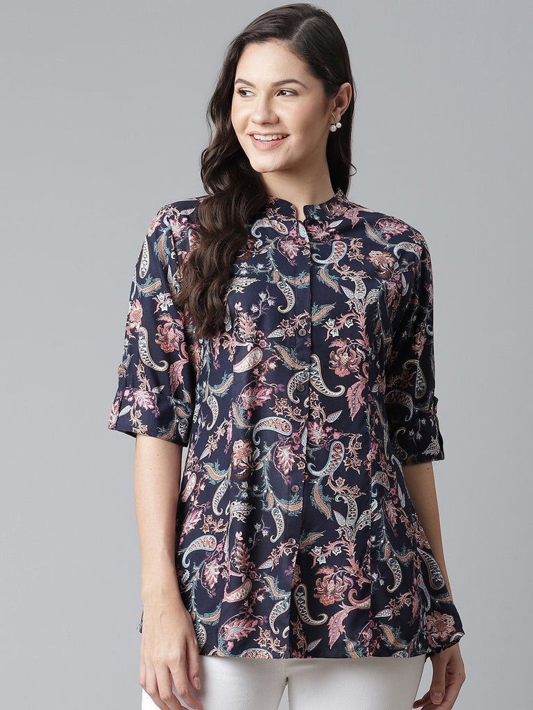 Women's Blue Printed Rayon Top
