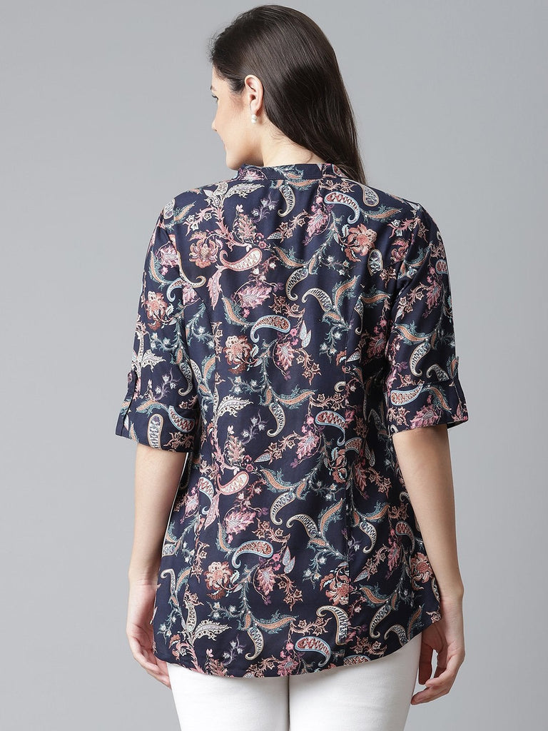 Women's Blue Printed Rayon Top