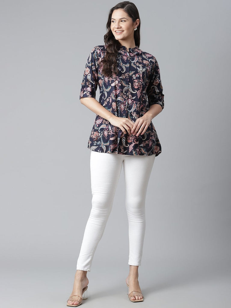 Women's Blue Printed Rayon Top