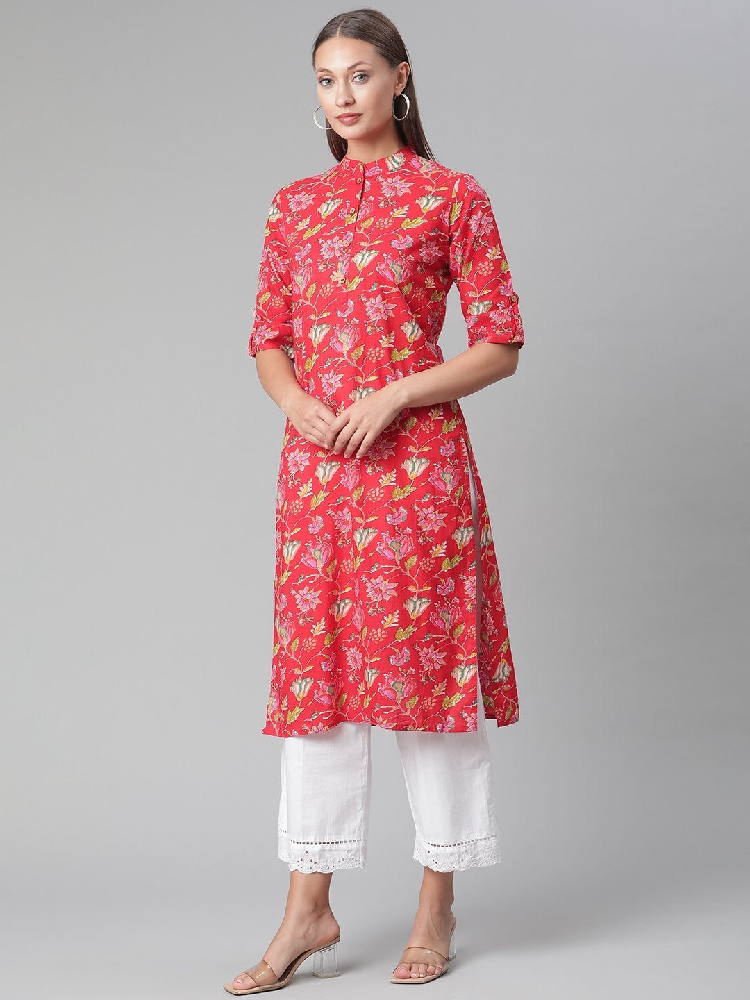 Women's Red Floral Print Cotton Straight Kurta  - Wahenoor