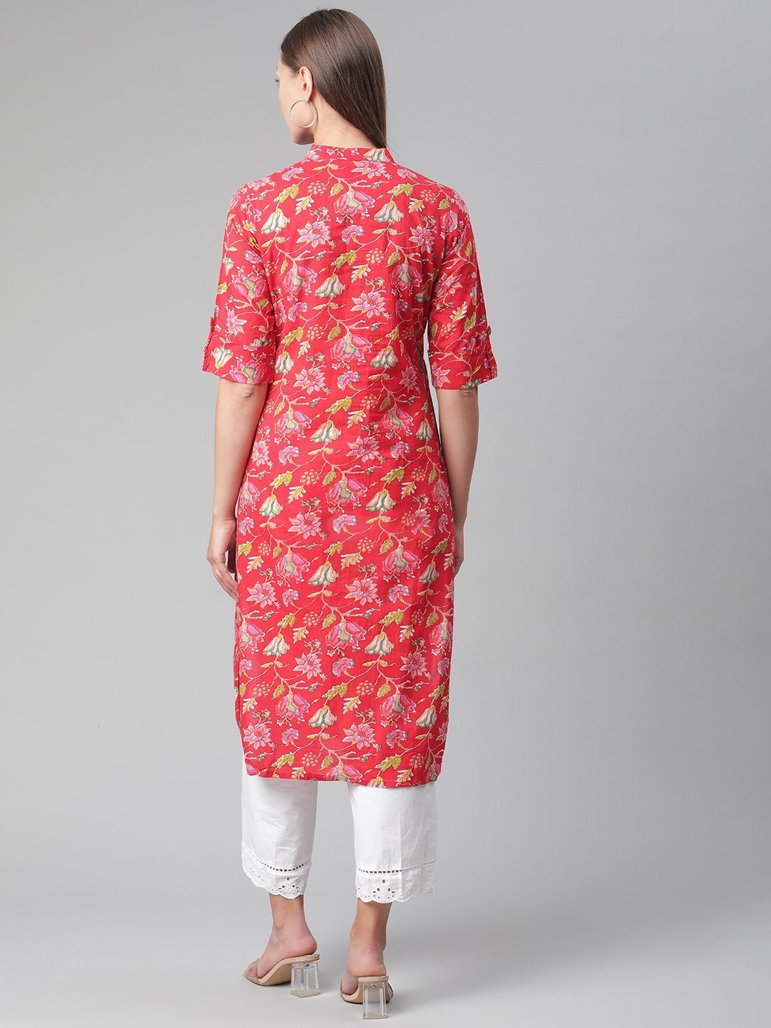 Women's Red Floral Print Cotton Straight Kurta  - Wahenoor
