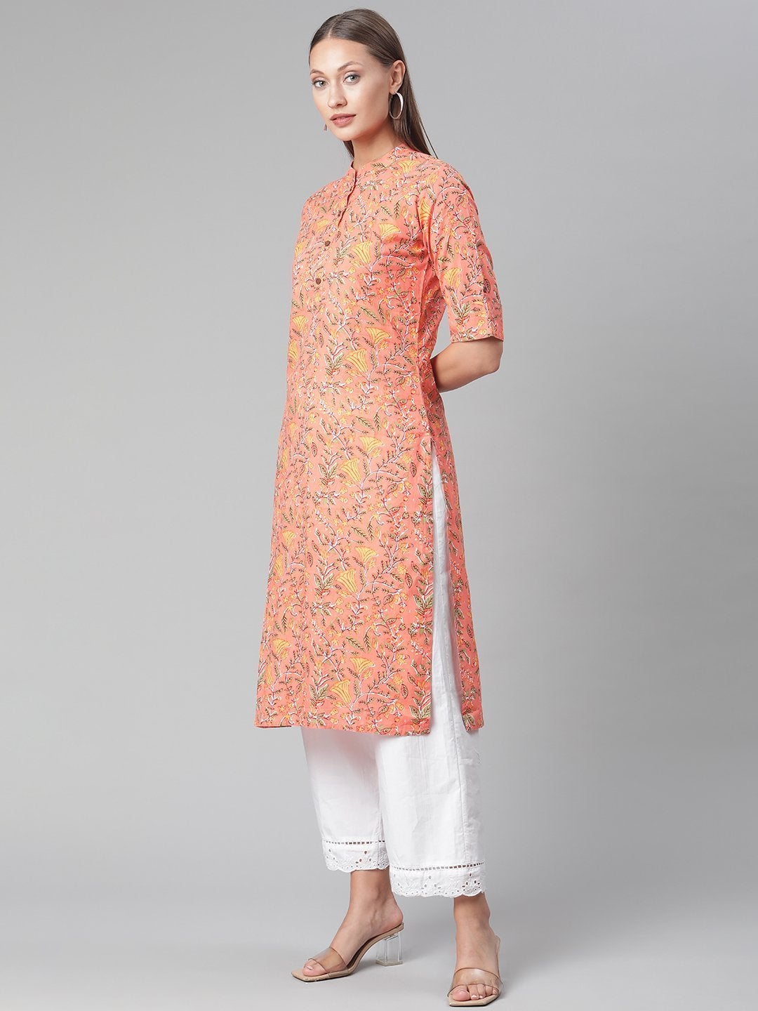 Women's Peach Floral Print Cotton Straight  Kurta - Divena