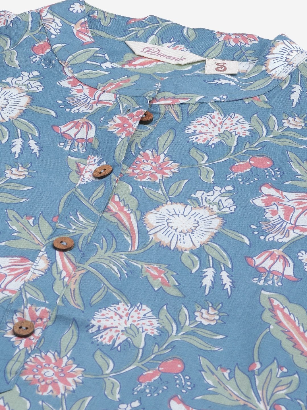 Women's Blue Floral Print Cotton Straight Kurta - Divena