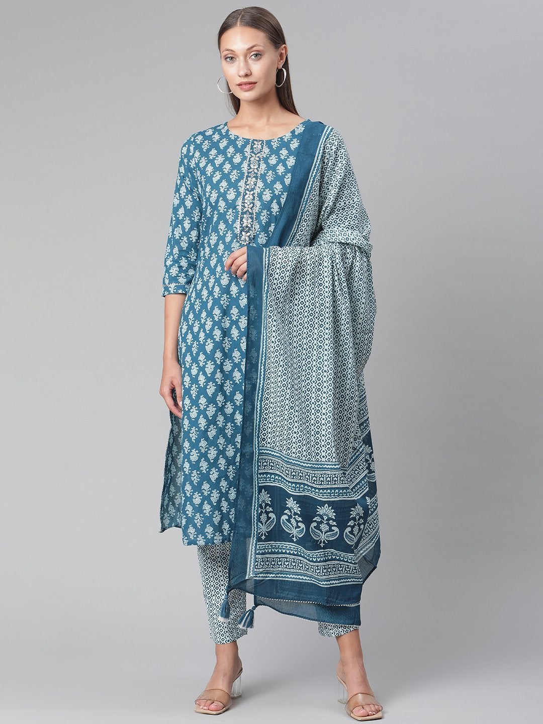 Women's Blue Cotton Kurta Pant with Dupatta Set - Divena