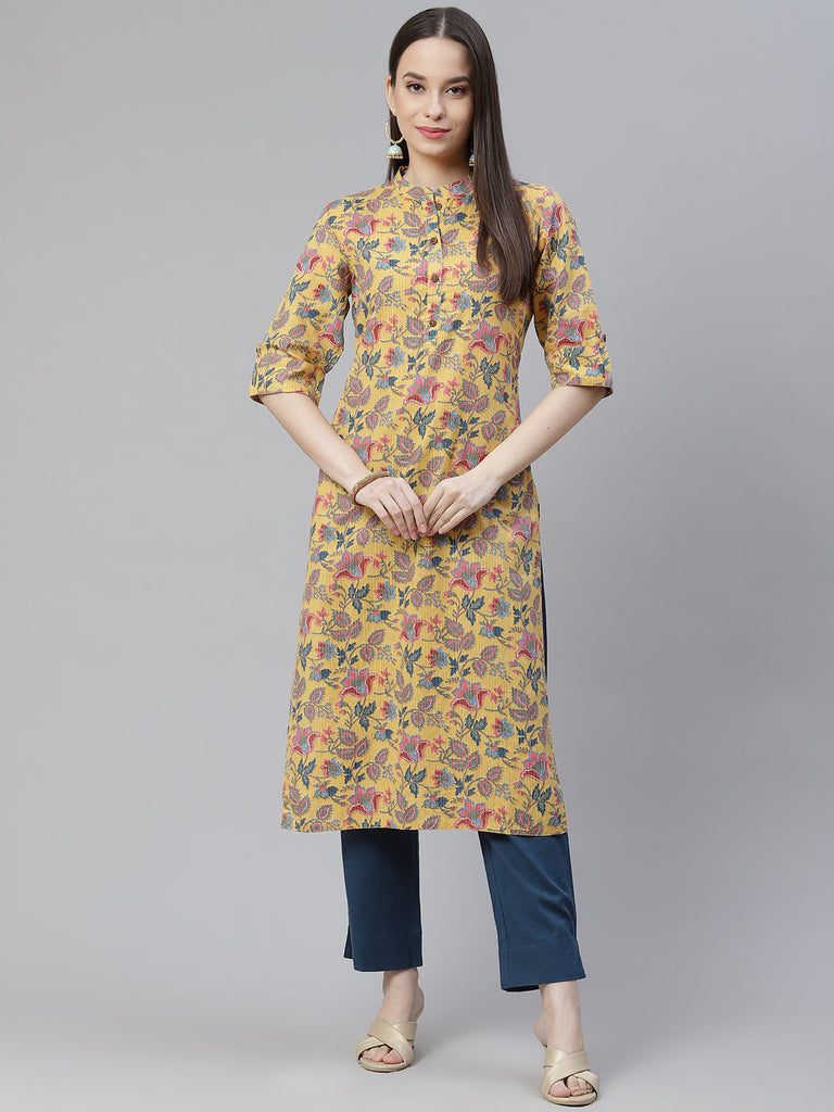 Women's Yellow Printed Cotton Straight Kurt