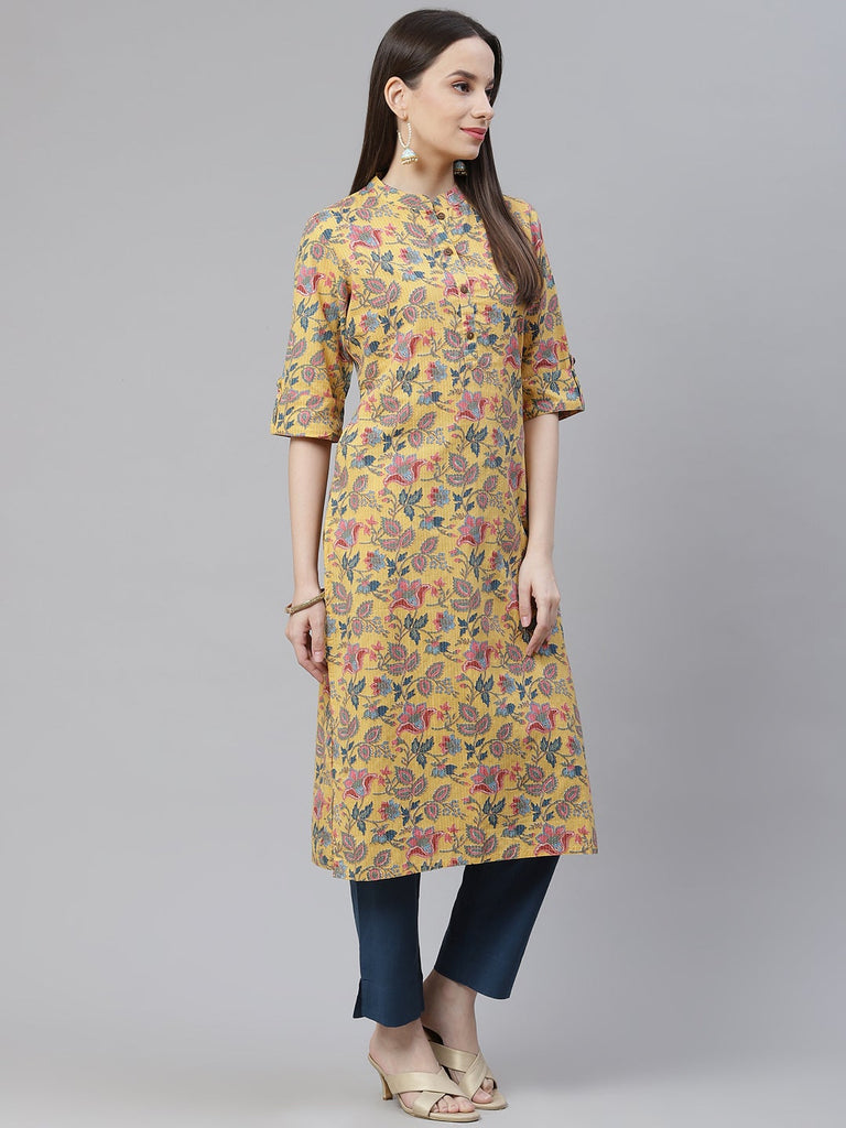 Women's Yellow Printed Cotton Straight Kurt