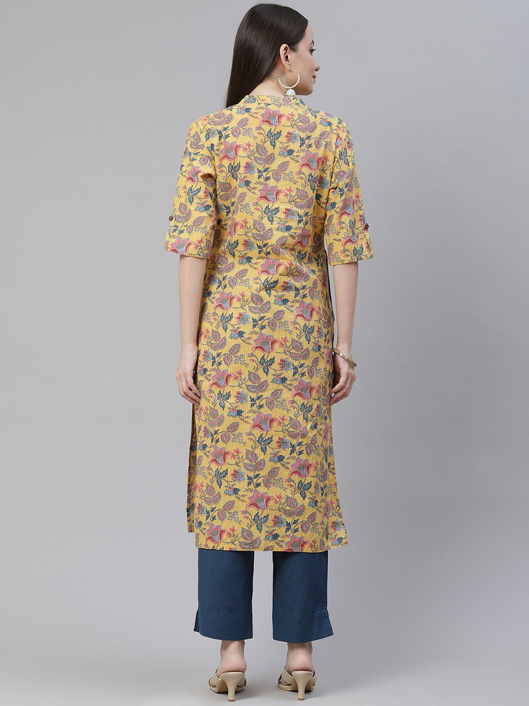 Women's Yellow Printed Cotton Straight Kurt