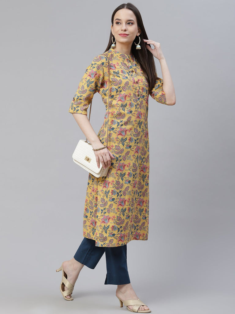 Women's Yellow Printed Cotton Straight Kurt