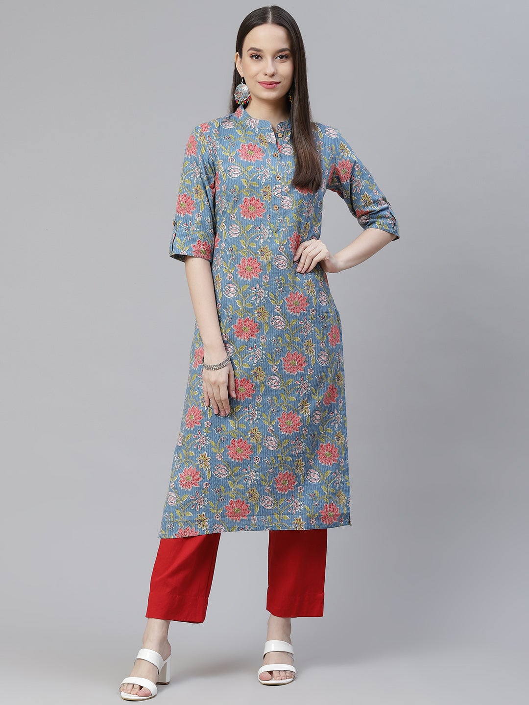 Women's Blue Printed Cotton Straight Kurt