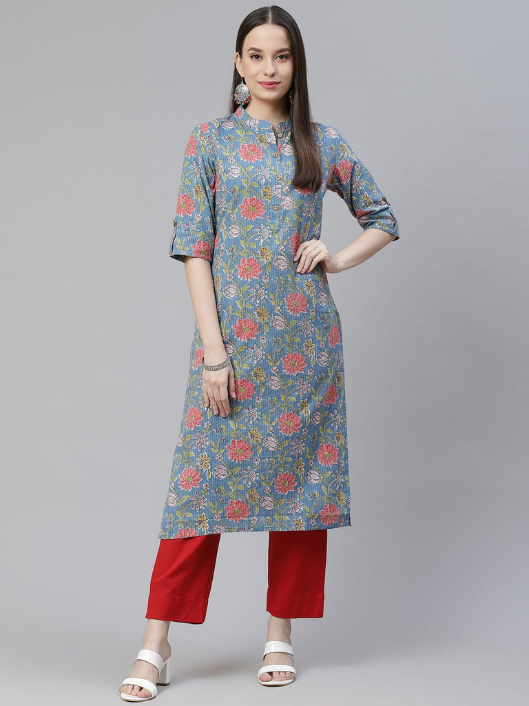 Women's Blue Printed Cotton Straight Kurt