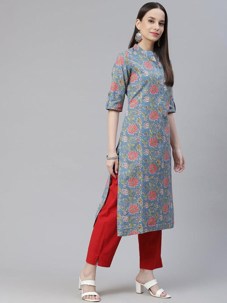 Women's Blue Printed Cotton Straight Kurt