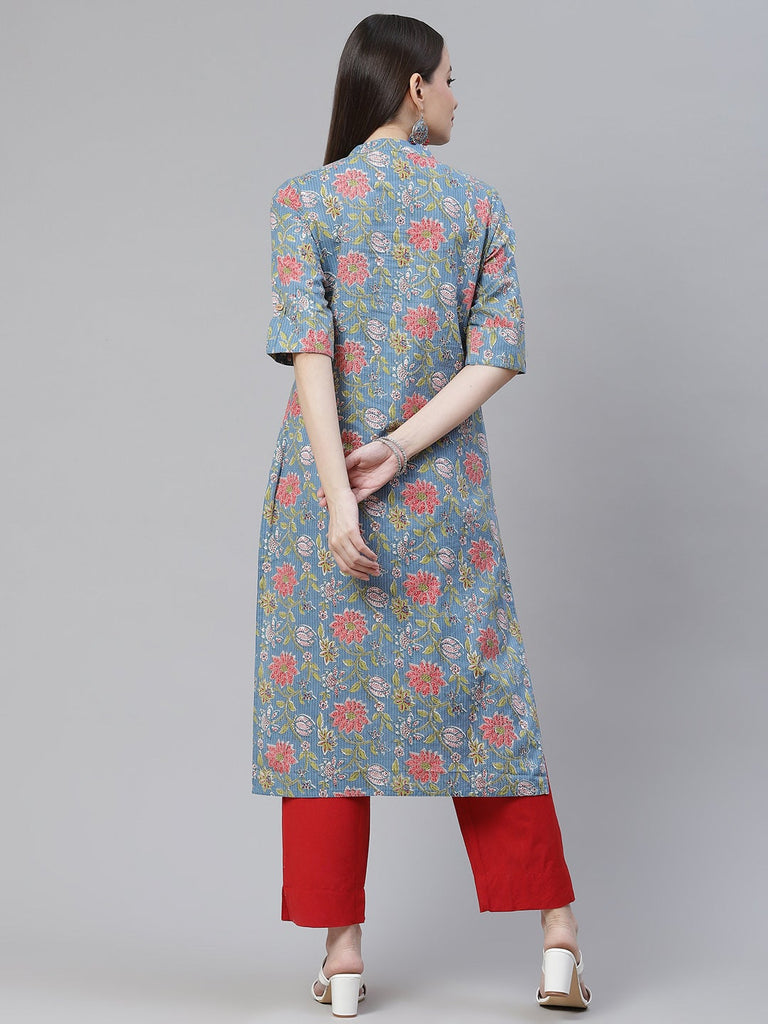 Women's Blue Printed Cotton Straight Kurt