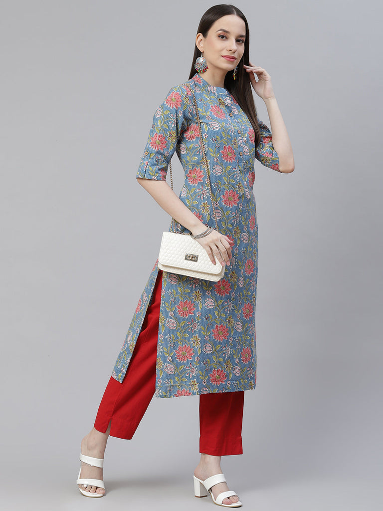 Women's Blue Printed Cotton Straight Kurt