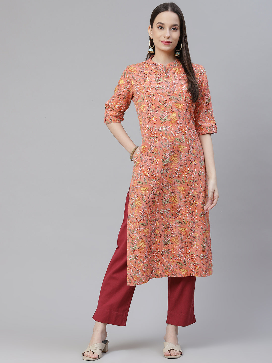 Women's Pink Printed Cotton Straight Kurt