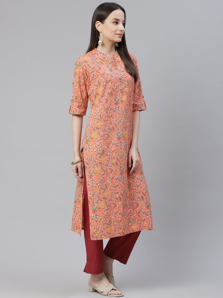 Women's Pink Printed Cotton Straight Kurt