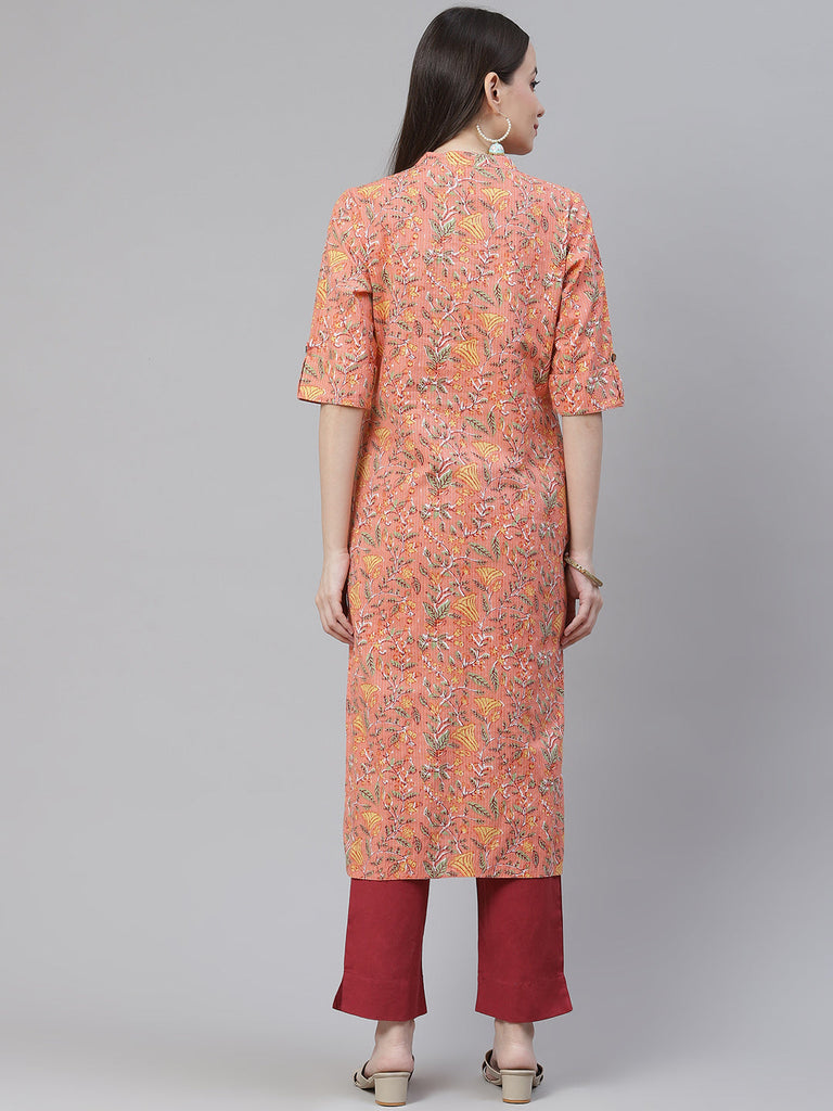 Women's Pink Printed Cotton Straight Kurt