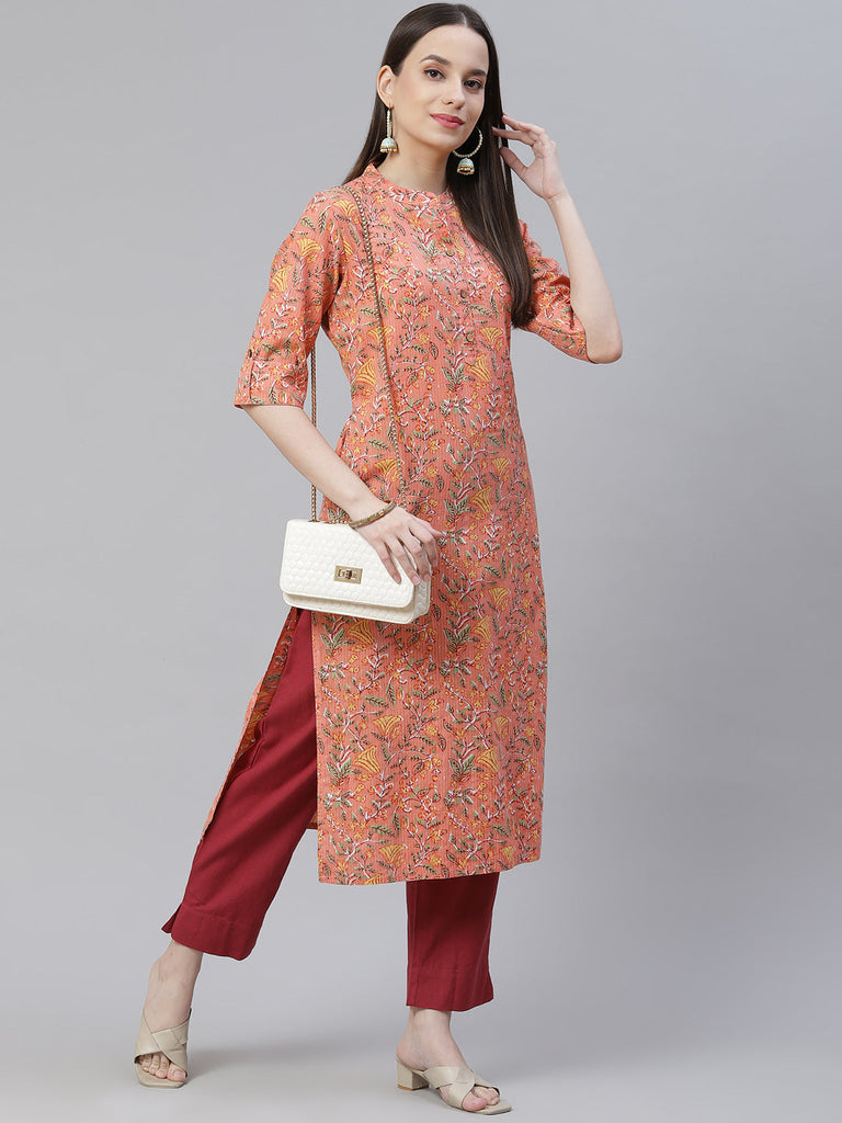 Women's Pink Printed Cotton Straight Kurt