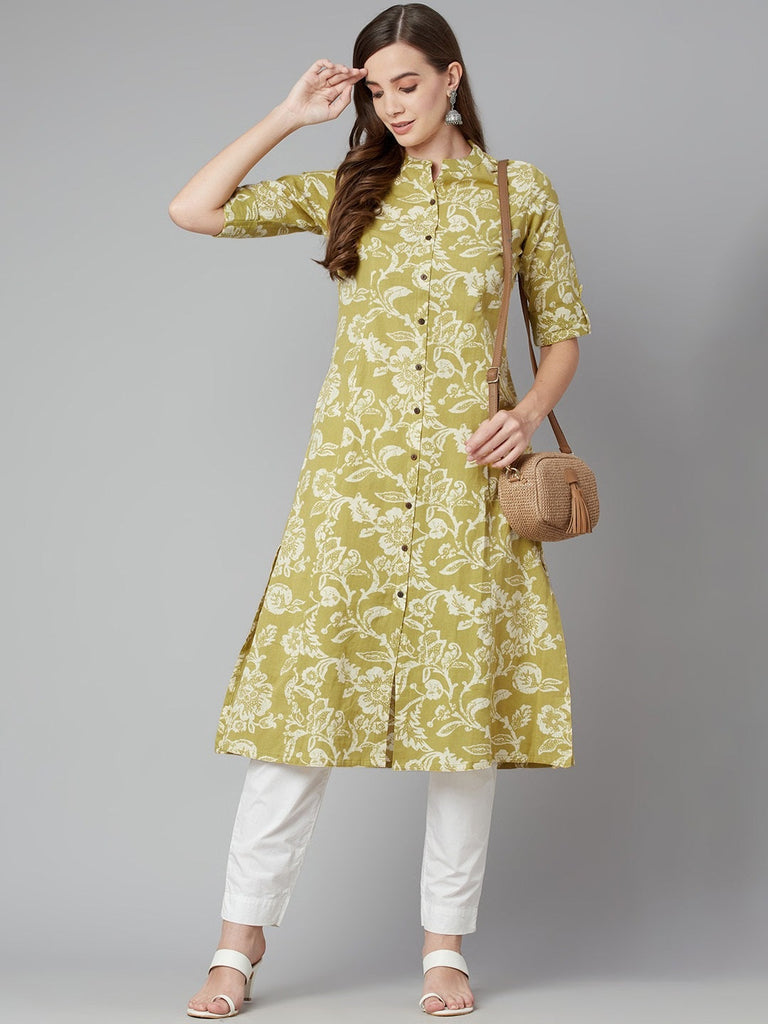 Women's Pastel Green Cotton Flex A-Line Kurt
