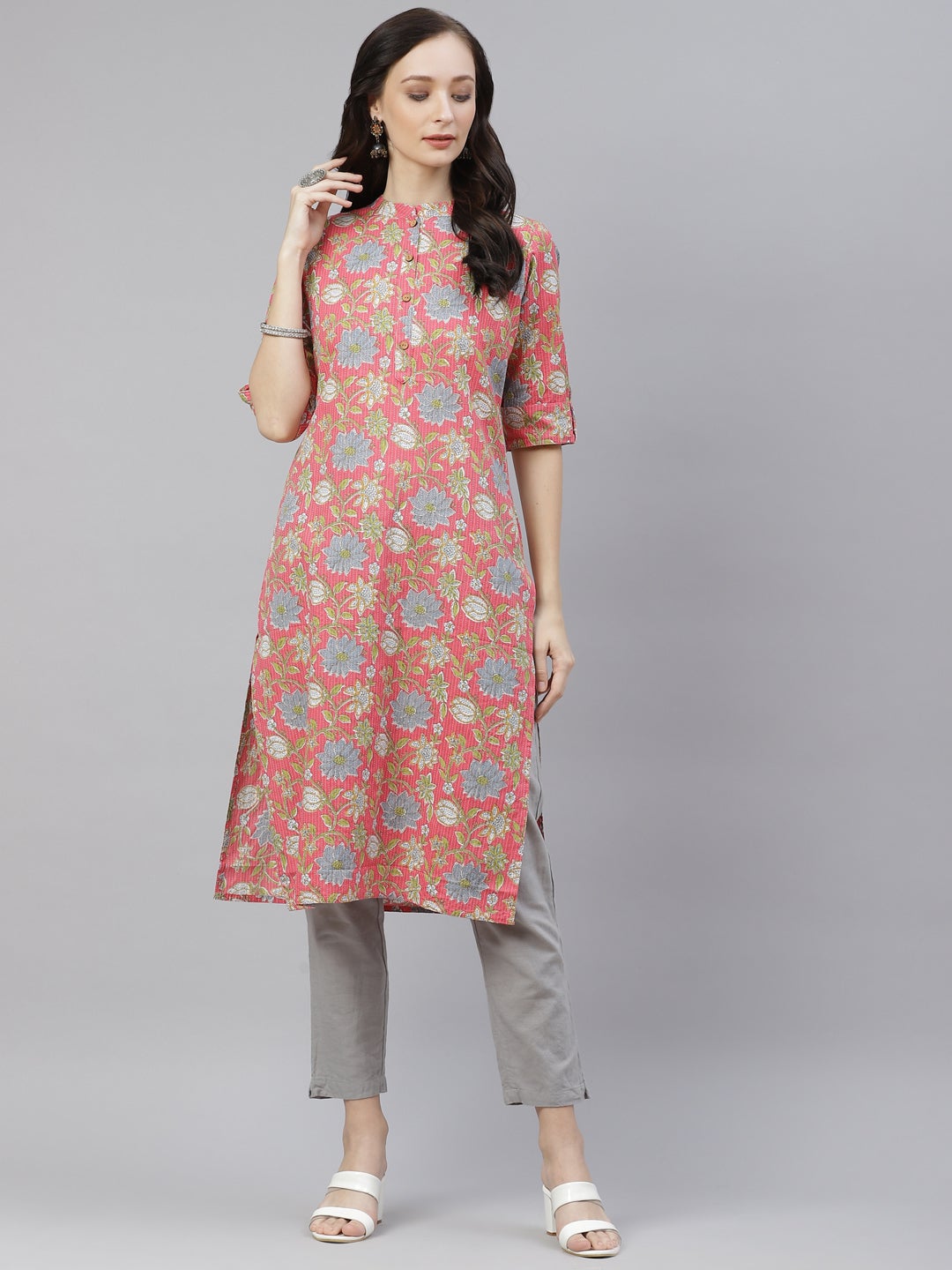 Women's Pink Floral Print Cotton Straight Kurt