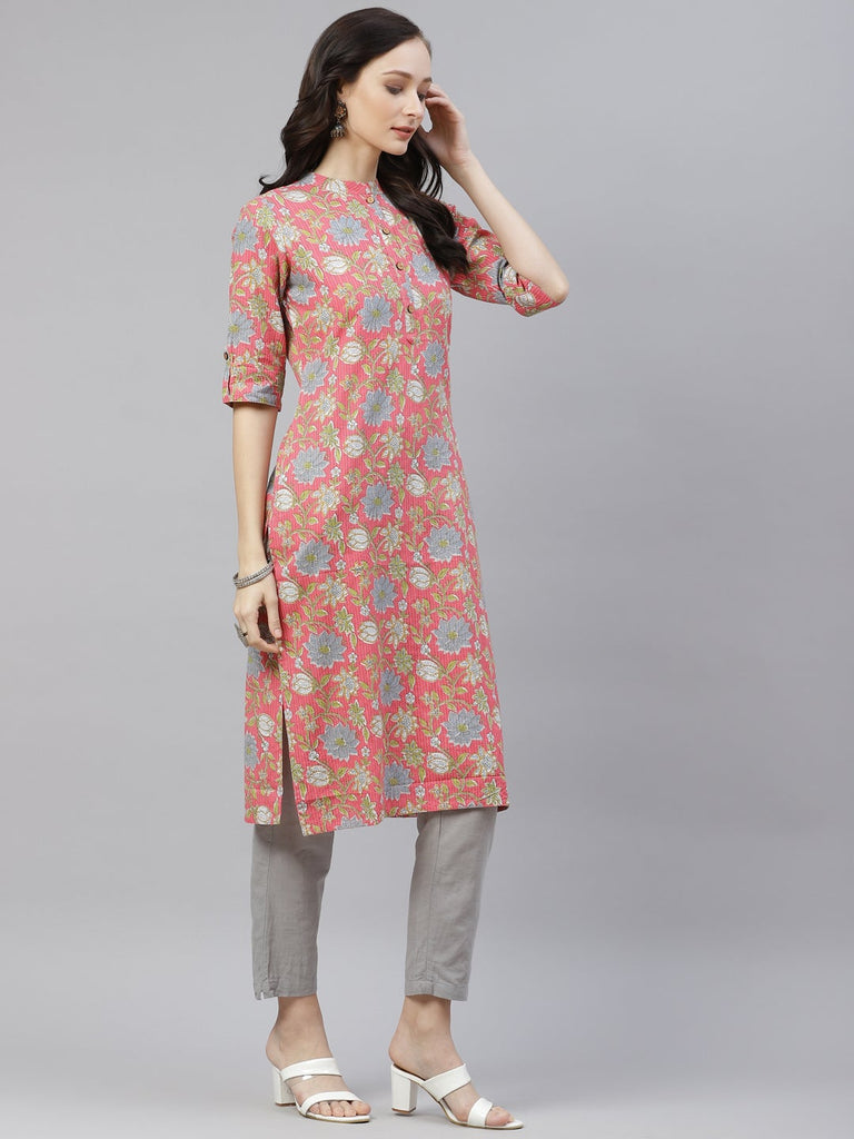 Women's Pink Floral Print Cotton Straight Kurt