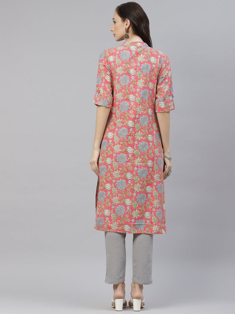 Women's Pink Floral Print Cotton Straight Kurt