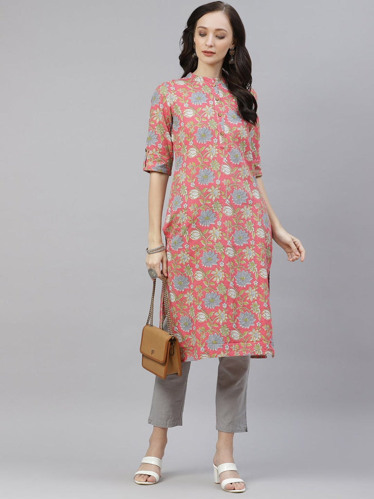 Women's Pink Floral Print Cotton Straight Kurt