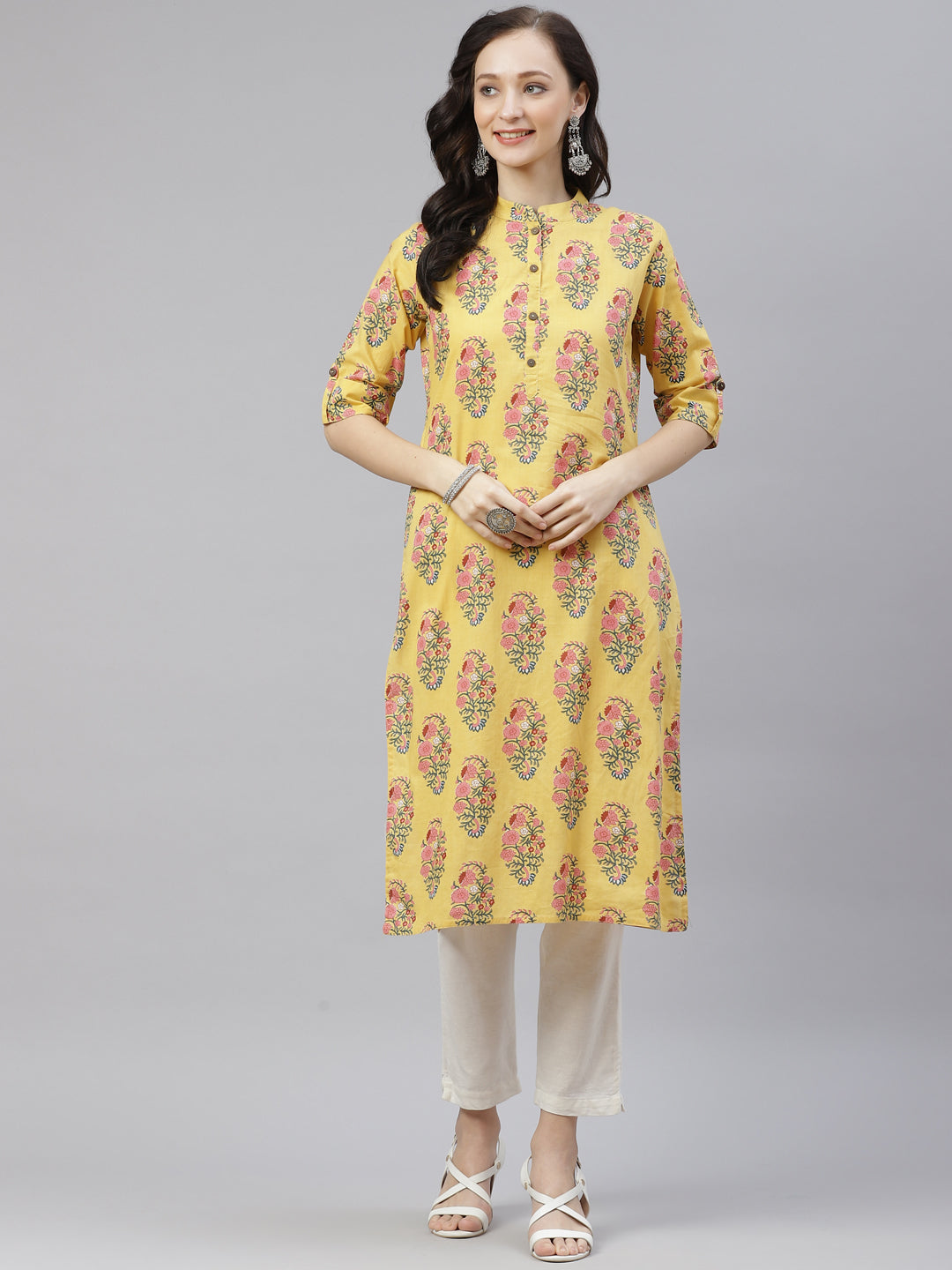 Women's Yellow Floral Cotton Straight Kurti - Noz2Toz