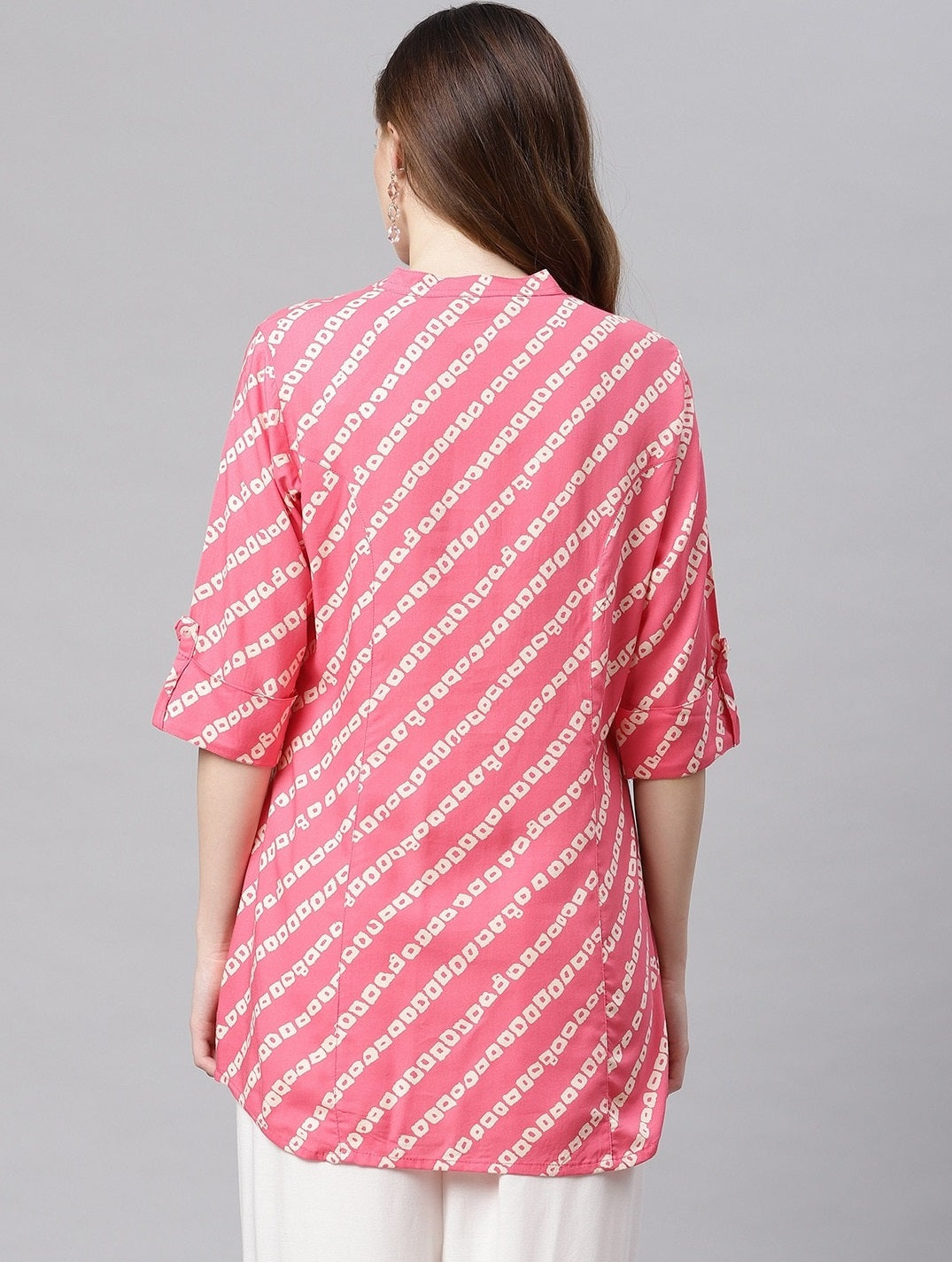 Women's Pink Bandhani Rayon A-Line Shirt Style Top - Wahenoor