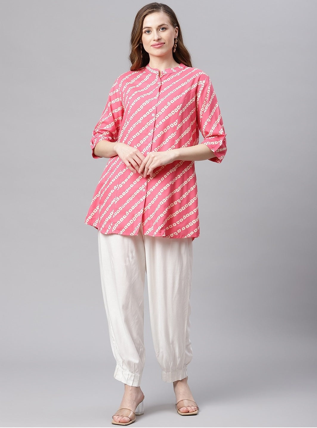 Women's Pink Bandhani Rayon A-Line Shirt Style Top - Wahenoor