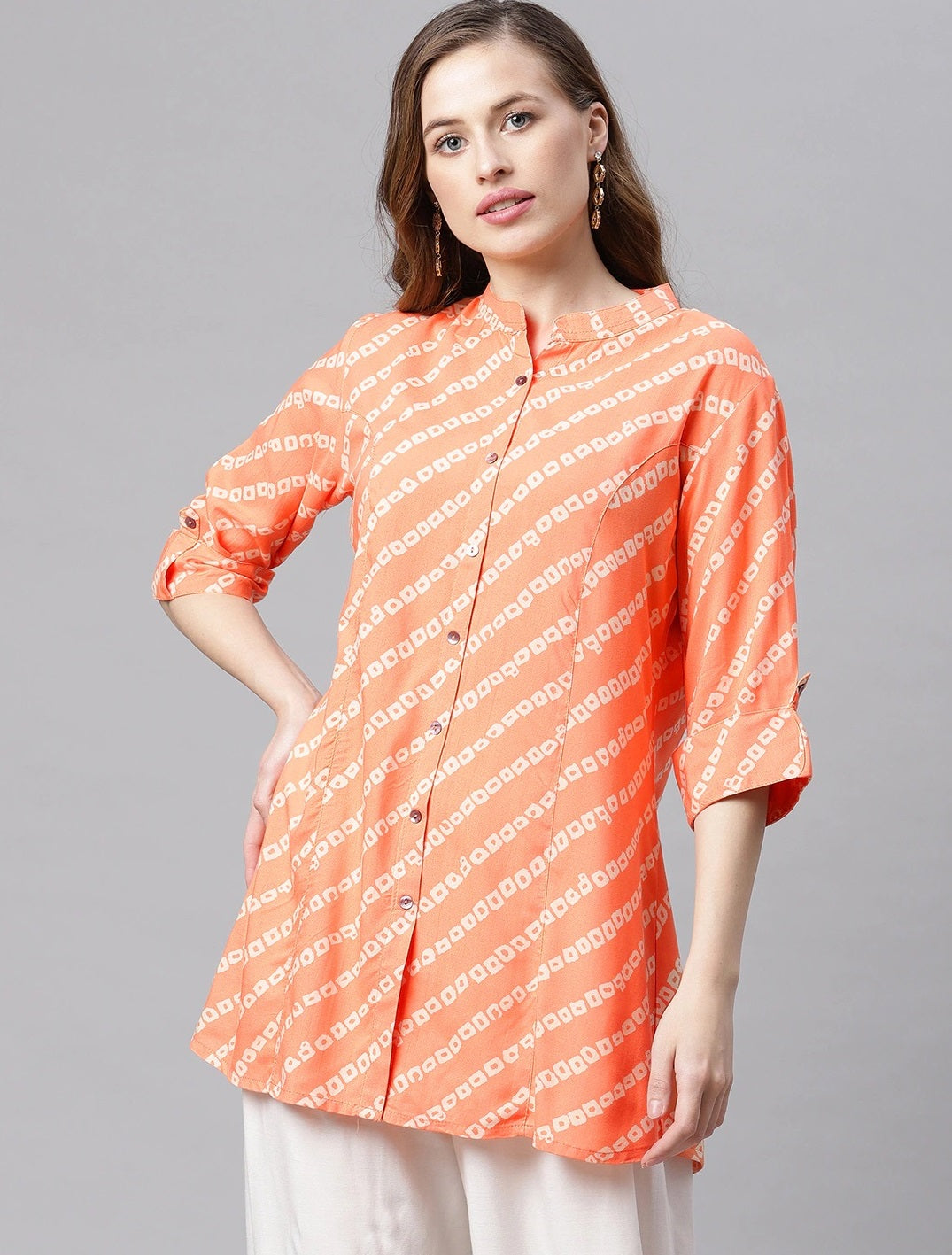 Women's Orange Bandhani Rayon A-Line Shirt Style Top - Wahenoor