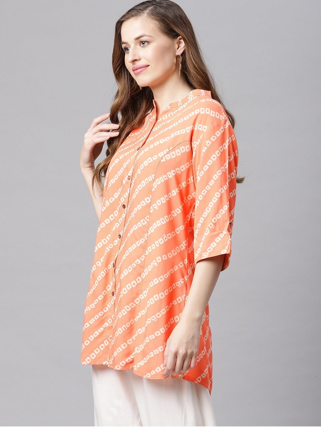 Women's Orange Bandhani Rayon A-Line Shirt Style Top - Noz2Toz