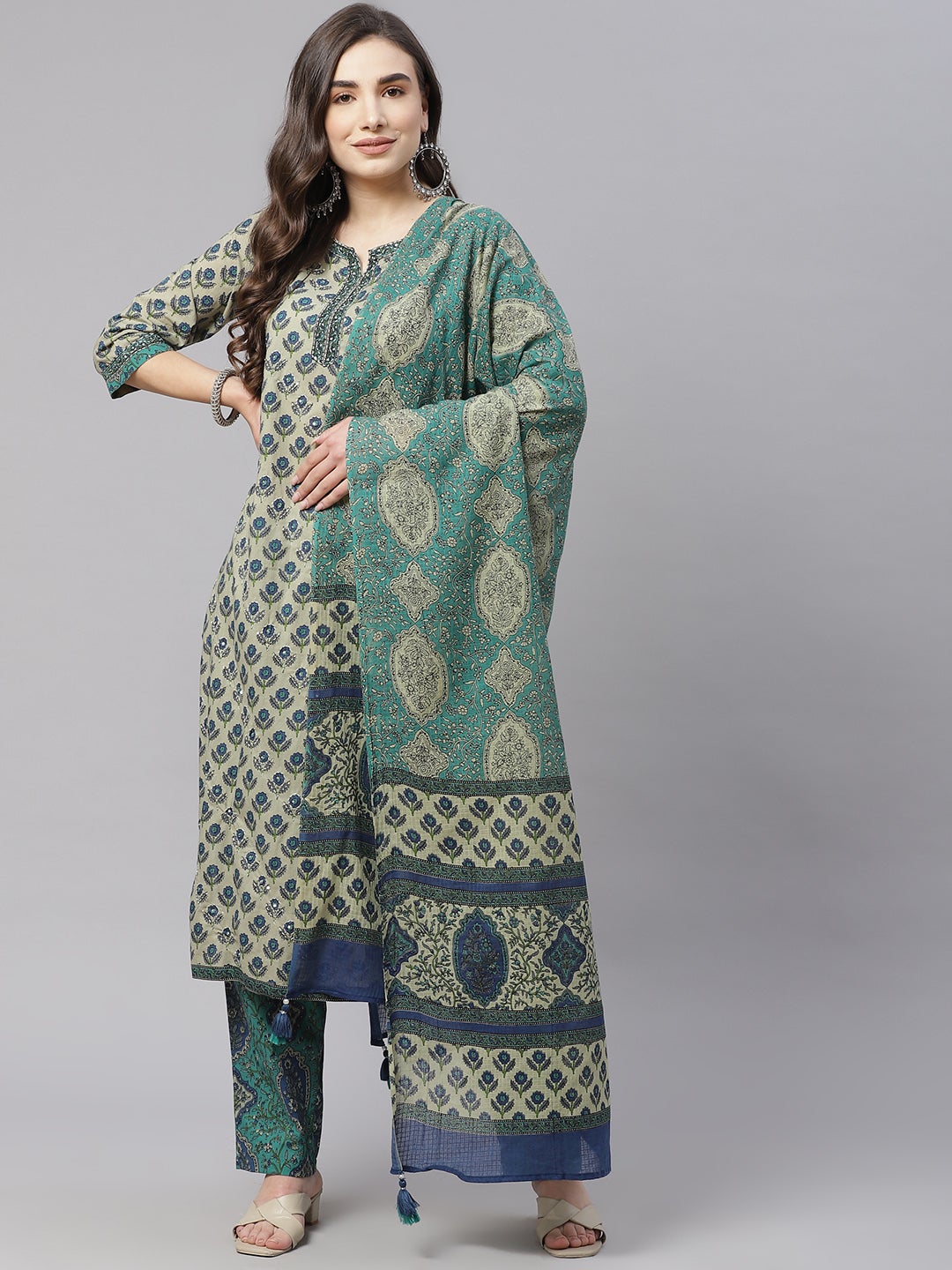 Women's Green Cotton Straight Kurta Pant Set With Dupatta - Wahenoor