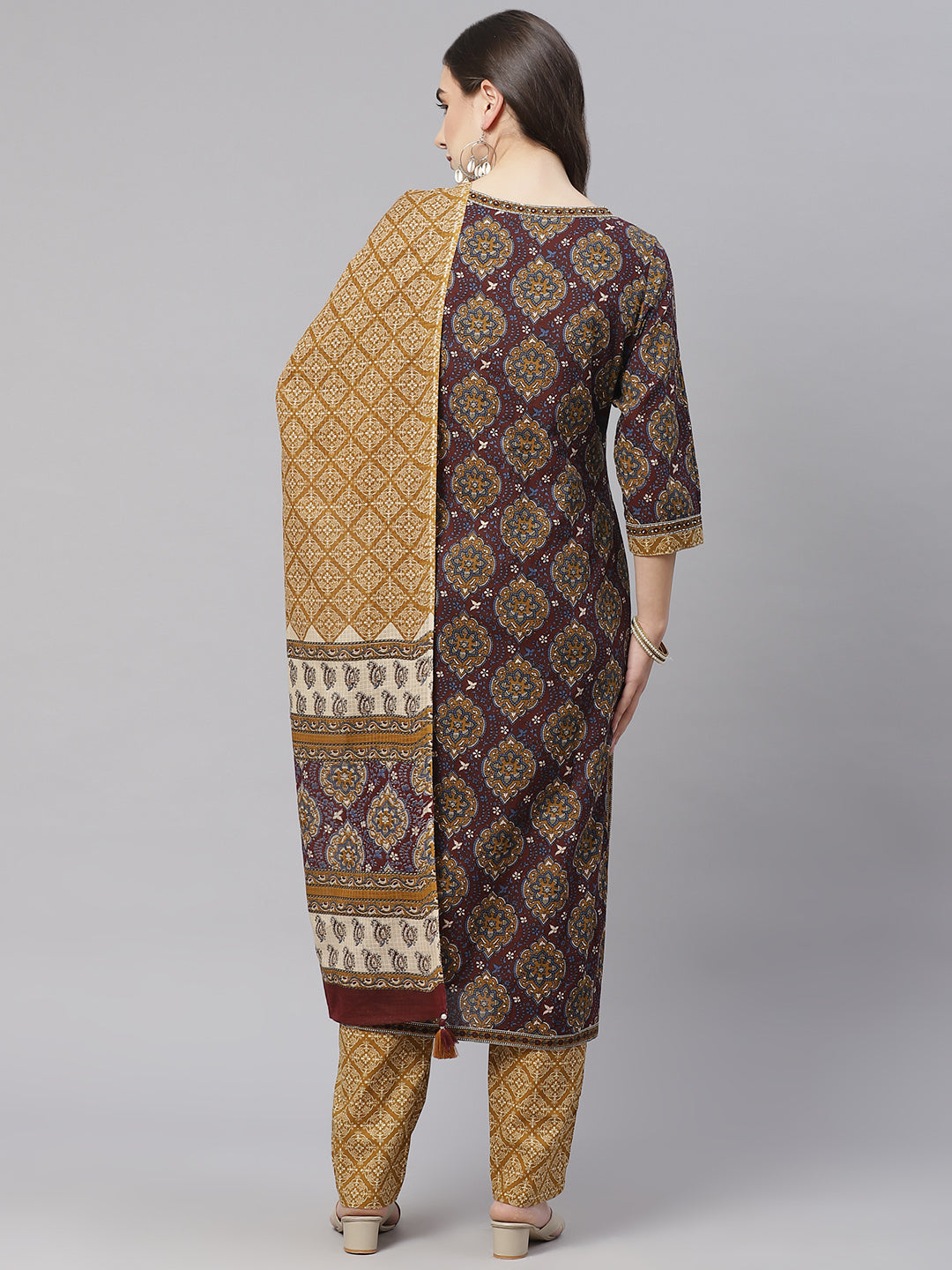 Women's Brown Cotton Straight Kurta Pant Set With Dupatta - Wahenoor